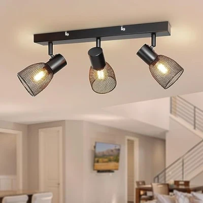 Image de Dehobo Plafonnier LED, Spot Orientable avec Douille E14, Rampe Spots et Rails de Abat Jour en Maille Métallique, sans Ampoules, 3 Industriel pour Cusine Chambre…
