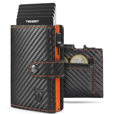 Image de TENBST Portefeuille Homme en Fibre de Carbone Porte Carte Bancaire avec Blocage RFID Portefeuilles Compartiment à Billets &amp; Monnaie Cartes Crédit Anti (Orange Noir)
