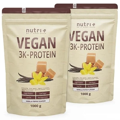 Image de Nutri+ PROTEIN VEGAN Vanilla Toffee 2kg 80.8% de protéines 3k Caramel Mélange pour milkshake sans lactose et à faible teneur en sucre 2000g