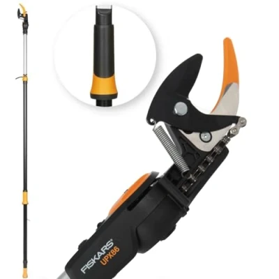 Image de Fiskars Coupe Branches Multifonctions Télescopique, pour Bois vert et Rameaux, Revêtement antiadhésif, Lame en acier/manche aluminium, longueur 2,4 4 m, noir/orange, UPX86, 1023624