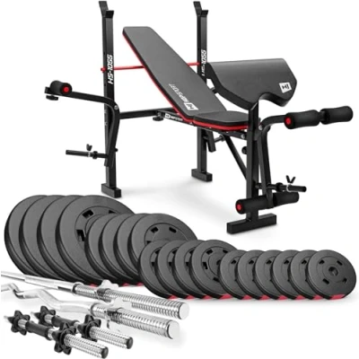 Image de Hop Sport Banc de Musculation Pliable HS 1055 avec Pupitre Curl, Papillon, Presse à jambes et Set disques poids en plastique 92 kg alésage 31 mm barres d&#039;haltères barre curl SZ