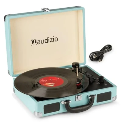 Image de Audizio RP114BL Platine Vinyle Rétro avec Haut Parleurs Intégrés Bleue, Lecture 33/45 &amp; 78 Tours, Fonction de Numération pour Ordinateur, Idéal Écouter Vos Anciens Vinyles Préférés