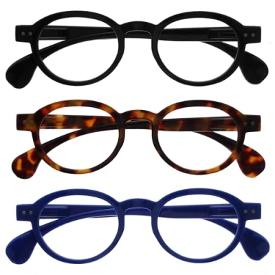 Image de OPULIZE OCA Lunettes de Lecture Lot 3 Monture Ronde Moderne Rétro Noir, Brun, Bleu Hommes Femmes Charnières à Ressort RRR54 123 +1.50