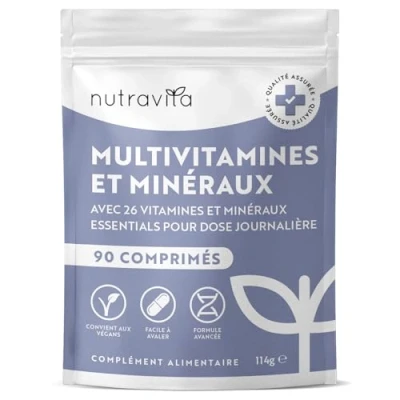 Image de Multivitamines et Minéraux 90 Comprimés Végétaliens (3 Mois) 26 Nutriments Essentiels dont Vitamine A B C D3 E K + Magnésium Zinc Fer Multi Vitamines Compléments Immunité &amp; Énergie Nutravita