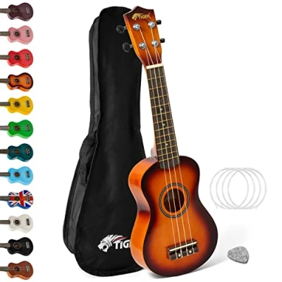 Image de TIGER UKE7 Ukulélé Soprano Comprenant Sac de Transport, Médiator en Feutre, Jeu Cordes Rechange, Doté la Marque Aquila, Jaune Soleil