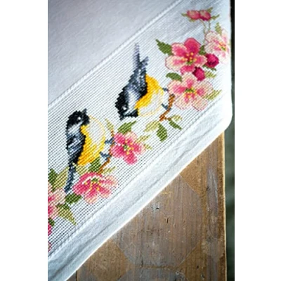 Image de Vervaco Kit Nappe aida Mésanges et Fleurs, Tissu, Birds and Blossoms (10.5 Count), ca. 80 x cm / 32&quot;