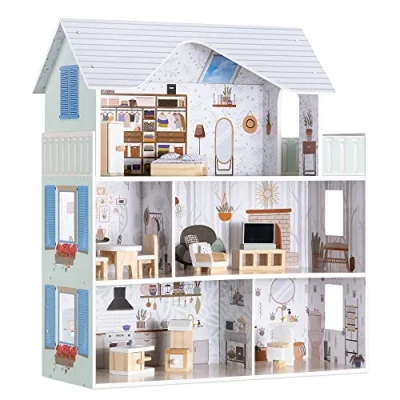 Image de Navaris Maison de poupée Jouet Moderne pour Enfants à Assembler 69,5 x 62 27 cm Maisonnette avec 3 étages 5 pièces 1 Balcon 11 Meubles
