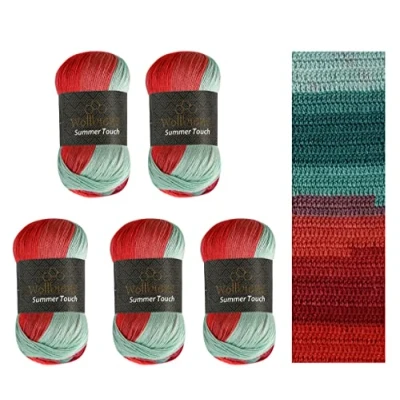 Image de Wollbiene Summer Touch Batik 5 x 100 g de laine multicolore avec dégradé couleur, 500 mercerisée en microfibre acrylique (514 vert rouge)
