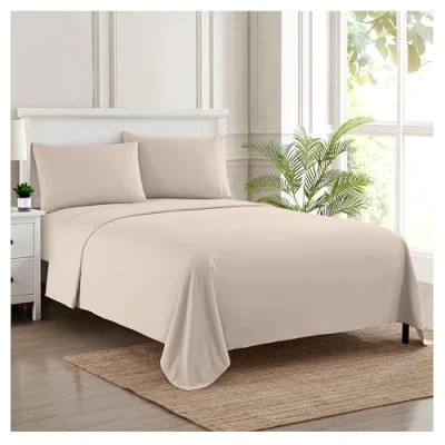 Image de Sweet Home Collection Parure de lit Luxe en Microfibre avec Drap Plat, Housse, 2 taies d&#039;oreiller, Beige, Double