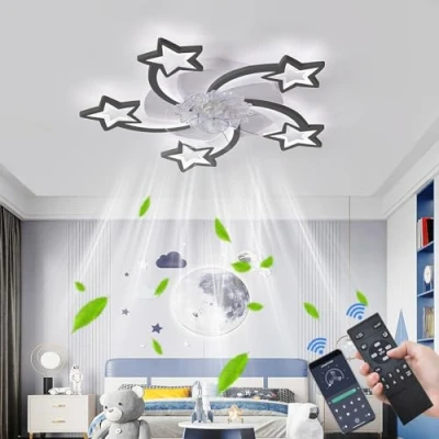 Image de Enfant Ventilateur Plafond avec Lumiere Silencieux 6 Vitesses Dimmable Lustre de Led Réversible Hiver Été Plafonnier Design APP Minuterie pour Chambre Salon Black