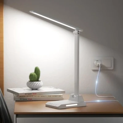 Image de Ylatoial Lampe de Bureau LED, 5 Modes Couleur 10 Niveaux Luminosité, Lampes Protection des Yeux, Contrôle Tactile, Alimentation USB C, Chevet Avec Fonction Minuterie Blanc
