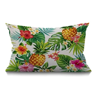 Image de BGBDEIA Housse de coussin rectangulaire en coton et lin avec motif feuilles palmier tropicales hawaïennes, 30 x 50 cm, vert, jaune, rose