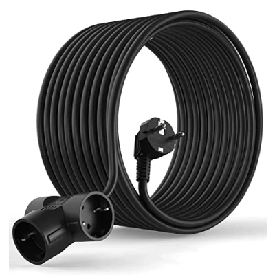 Image de MutecPower Prolongateur Schuko de 15 mètres Rallonge avec 3 Prises coudée à 90 jusqu&#039;à 250V 50Hz 16A IP20 Longueur 15m Noir