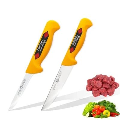 Image de EIKASO Solingen Lot de 2 couteaux boucher professionnels et privés en acier au molybdène 1.4116, inoxydable, manche polypropylène extra antidérapant jaune