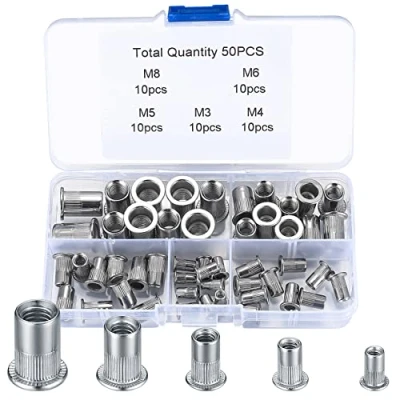Image de 50 Pièces Assortiment d’écrous Rivets, Rivet Écrou Plat Tête Filetée Acier inoxydable M3 M4 M5 M6 M8