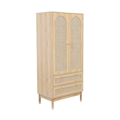 Image de sweeek Dressing penderie Judith 2 Portes tiroirs cannage. poignées et Pieds Finition dorée. 80 x 50 180 cm