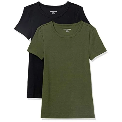 Image de Amazon Essentials T Shirt Col Rond à Manches Courtes Coupe Ajustée Femme, Lot de 2, Vert Olive Foncé/Noir, XL