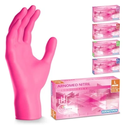 Image de ARNOMED Gants jetables rose magnolia, nitrile taille L, Gant jetable avec 100 pièces/boîte, non poudrés, sans latex, disponibles en XS, S, M, L &amp; XL