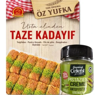 Image de Pufai Ozyufka Fils de Pâte fraîche Kataifi Kadayıf Shredded Fillo Kadaifi Taze Kadayif pour chocolat Dubaï 400 g avec pistaches Crème 200