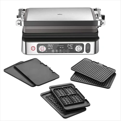 Image de Braun MultiGrill 9 CG 9167, gril de contact avec plaques grillades, plates et gaufrées sonde température, positions cuisson : contact, barbecue, four, lavables au lave vaisselle, bac