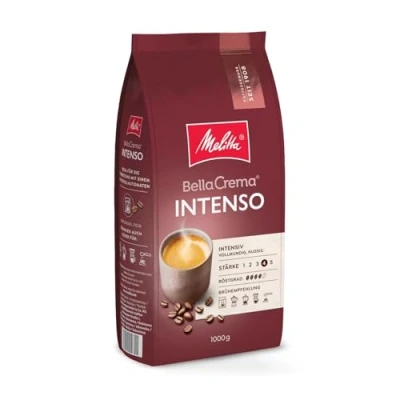 Image de Grains de café entiers, Melitta BellaCrema Intenso, 1 kg, non moulus, pour machine à automatique, torréfaction forte, torréfiés en Allemagne, intensité 4.