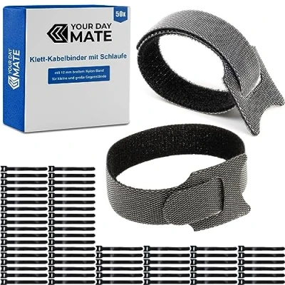 Image de Sangle scratch Réutilisable avec Boucle pour Organiser les Câbles, 50 Pièces, l 20 x 1,2 cm, Noir, Matériau nylon Haute Qualité, Bande Solide, de Serrage Refermable, Sangles câbles