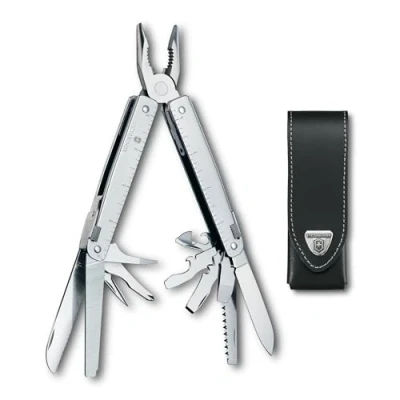 Image de Victorinox Swiss Tool Couteau de Poche Suisse, Multitool, 26 Fonctions, Tire Bouchon, Lame Fixe, Etui, Argent