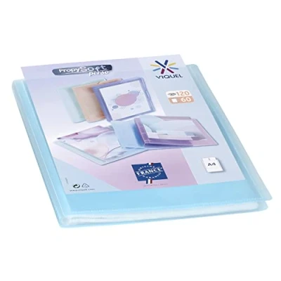 Image de Viquel Protège documents personnalisable Reliure Format A4 Porte Vues 120 (60 pochettes) Propysoft Pochettes transparentes et lisses Bleu translucide