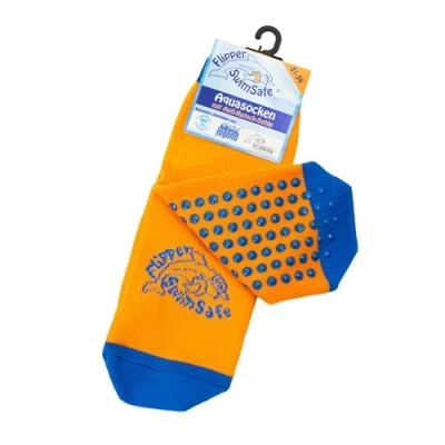 Image de Flipper Swimsafe 1052 Aquasockocks avec semelle antidérapante en bleu orange, pour enfants et petits enfants, taille 23 26, idéal aller à la piscine sans soucis