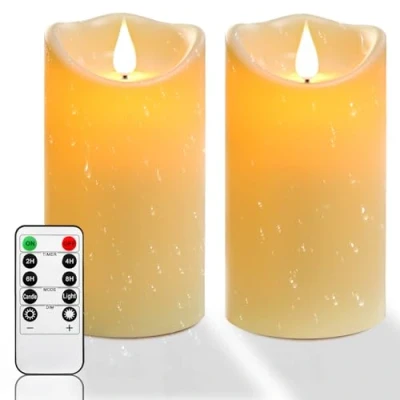 Image de bougie LED, extérieure imperméable à l’eau, LED clignotante, alimentée par batterie avec télécommande et minuterie, plastique blanc ivoire, 8cm x 15cm 2pcs
