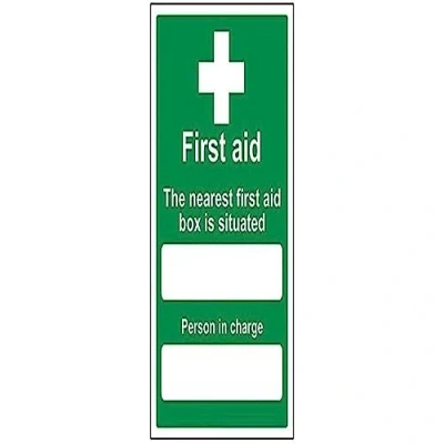 Image de vsafety 31010 au s &quot;The First Aid Box est situé près Panneau « First Assemblée, autocollant, Portrait, 200 mm x 300 mm, vert
