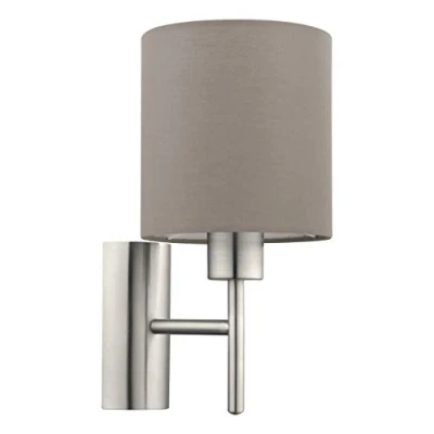 Image de Eglo Applique murale intérieure Pasteri, luminaire d’intérieur en textile couleur taupe, lampe de salon et couloir acier nickel mat, avec interrupteur, douille E27
