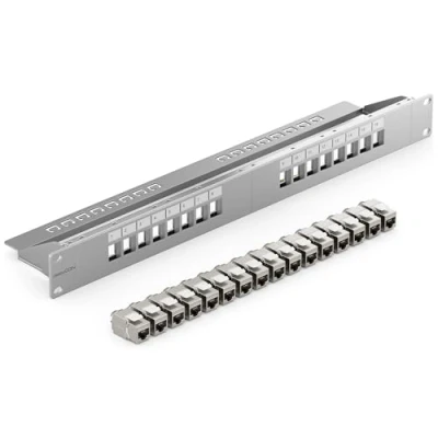 Image de deleyCON SET 16 Ports CAT7 Panneau de Brassage Distribution Modulaire 1 U Installation en Rack 19&quot; + 16x Modules Keystone CAT 7 Réseau LAN RJ45 10 Gbit/s 600 MHz Câble D&#039;installation Gris
