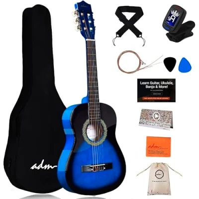 Image de ADM Kit de guitare classique 1/2 pour enfants, 86,4 cm débutants avec sac transport, accordeur à clipser, sangle, médiators, cordes supplémentaires, rangement et chiffon nettoyage