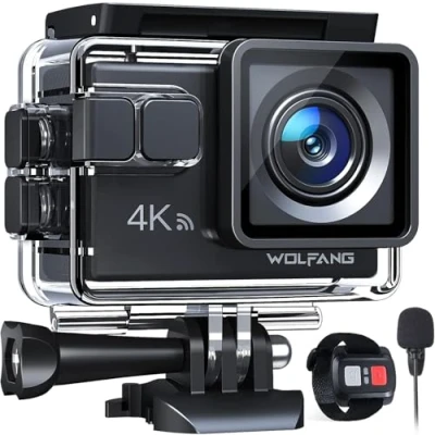 Image de WOLFANG Caméra Sport GA100 4K 30FPS, Caméscope WiFi de 20 MP, Étanche sous Marine 40 m avec Double Microphone, télécommande, EIS Anti Vibration, Batterie 2 x 1050 mAh, Divers Accessoires