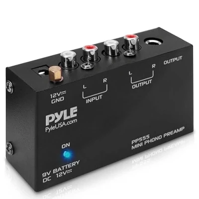 Image de Pyle Préampli Phono pour Platine Vinyle Mini Préamplificateur Phonographe Audio Stéréo avec Compartiment Pile 9V, Adaptateur DC 12V, Entrée/Sortie RCA &amp; Fonctionnement Ultra Basse Bruit, Noir