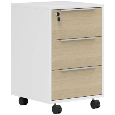 Image de HOMCOM caisson bureau mobile avec 3 tiroirs et serrure, meuble rangement sur roulettes pour documents imprimante, de compact travail ou chambre, 40x40x63,5cm, chêne