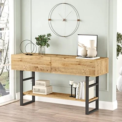 Image de [en.casa] Table Console pour Salon d&#039;Appoint avec Espace de Stockage Panneau Particules Mélaminé Métal 76 x 139 43 cm Effet Chêne Rustique Noir