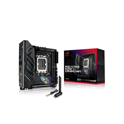 Image de ASUS ROG Strix B760 I Gaming WiFi Carte mère Intel LGA 1700 Mini ITX (DDR5, 8 + 1 DrMOS, PCIe 5.0, 2 x 4.0 M.2, 6E, 2.5G Ethernet, USB 3.2 Gen 2x2 Type C, Aura Sync RGB)
