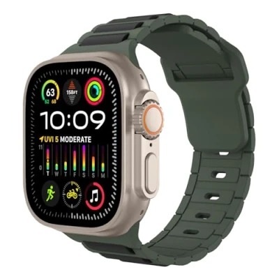 Image de TiMOVO Bracelet de Montre Décontracté Compatible avec Apple Watch 41/40/38 mm, en Silicone Hybride Cuir sans Espace, pour iWatch Series 10/9/8/7/6/5/4/3/2/1/SE, Noir Vert Armée