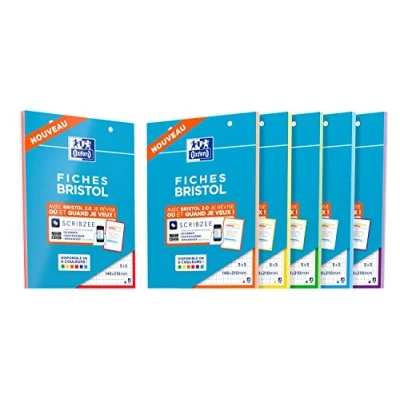 Image de OXFORD Lot de 3 Blocs 30 Fiches Bristol Perforées 2.0 A5 Q5/5 Bordures couleurs aléatoires