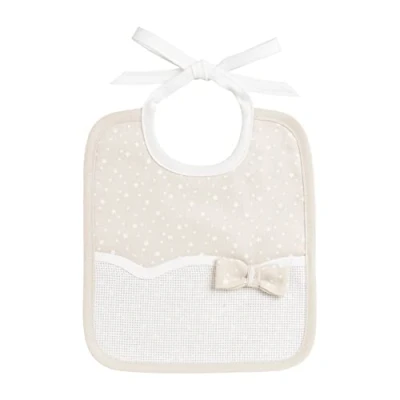 Image de Filet Bavoir Réalisé en Piquet de Coton Imprimé Étoiles avec Insert Toile Aida à Broder, Idéal pour les Bébés, 100% Made in Italy, Couleur Beige et Blanc