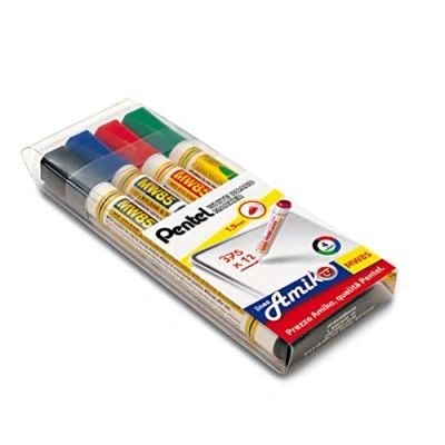 Image de Pentel MW85 Lot de 4 marqueurs pour tableau blanc à pointe conique, noir/bleu/rouge/vert
