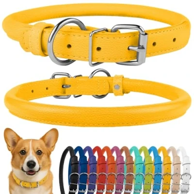 Image de CollarDirect Collier de Chien en Cuir roulé, Chiot Rond rembourré Doux, véritable Fait à la Main pour Petit Grand Chat (35 40 cm, Jaune texturé)