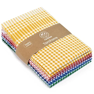 Image de Twinzee Torchon Cuisine (Set de 5) 100% Coton Oeko Tex 180 GSM 47x67 cm à Carreaux Design Retro pour Sécher la Vaisselle et Les Mains Multicolore