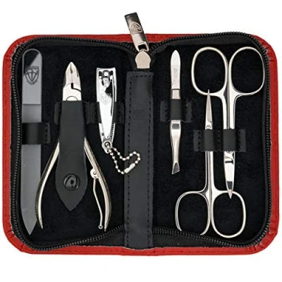 Image de DREI SCHWERTER Set de 6 ongles « Verona » Kit manucure et pédicure complet dans un étui en cuir véritable rouge Contenu : ciseaux à ongles, cuticules, coupe lime