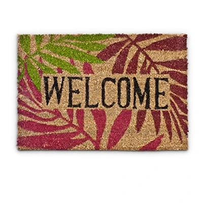 Image de Relaxdays 10016776 Paillasson tapis d&#039;entrée Natte en fibre de coco &#039;Welcome&#039; 40 x 60 cm Feuilles automne dessous antidérapant caoutchouc PVC essuie pieds plancher accueil sol, coloré Multicolore