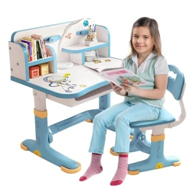 Image de joukares Ensemble bureau et chaise fonctionnels pour enfants, table ergonomique réglable en hauteur avec motif dessin animé, support de livre tiroir rangement Bleu