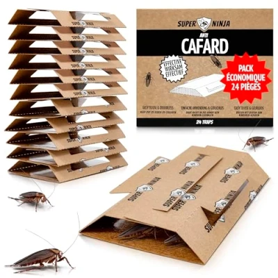 Image de Super Ninja Pièges Cafards 24 Collants avec Attractif, Produit Anti Cafard Puissant Non Toxique pour la Maison, Garage et Cave, sans Odeur