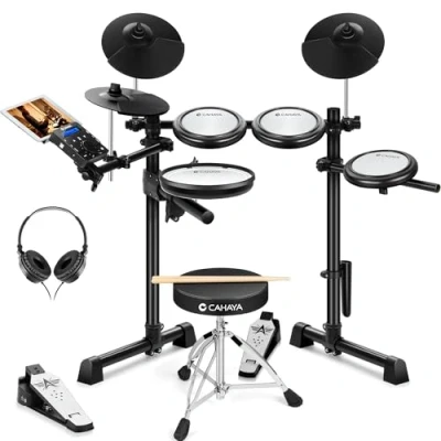 Image de CAHAYA Kit de Batterie Électronique avec Tabouret: Portable Peaux Maillées Silencieuses 350 Sons Intégrés, Compatibilité USB/MIDI et Casque, Idéale pour Enfants Débutants